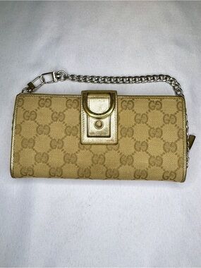 Gucci Vintage GG Canvas Wallet on Chain Gold Metallic D-Ring w/ COA